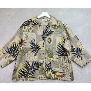 Chico's VTG Shirt Womens 1 Taupe Multi Tropical Silk 3/4 Sleeve Button Up